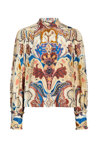 Montana Blouse in Rodeo featuring a colorful Western-inspired print, button front, ruffled collar and cuffs, and voluminous long sleeves.