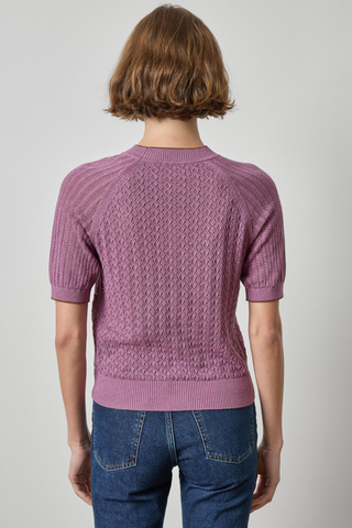 Lilla P Mixed Stitch Crewneck Sweater in Dewberry purple featuring textured mixed stitching, a crew neckline, and short sleeves.