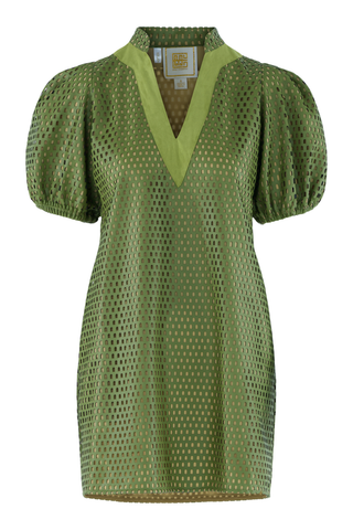 Emily McCarthy Hampton Mini in Colosseum olive green featuring a V-neckline, short puff sleeves, textured fabric, and relaxed mini silhouette.