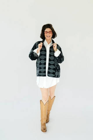 Eleanor James Brand Sgt. Pepper Crew Jacket in Black Betty featuring black velvet with tonal charcoal Suzani embroidery.