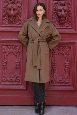 Z Supply Nola Belted Coat in Smoked Pewter featuring a long wool-blend silhouette, oversized notched collar, self-tie waist belt, and welt pockets.