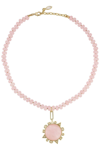 Mignonne Gavigan Semi Precious Odyssey Necklace in Pink featuring rose quartz beads and a removable compass charm.