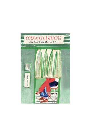 A square greeting card featuring a retro illustration of a couple celebrating with a curtain and the text 'CONGRATULATIONS to the brand new Mr. and Mrs.