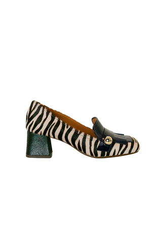 Zebra-print calf hair loafer with leather trim and a low block heel.