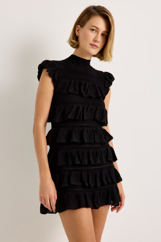 Hailey Dress in Caviar featuring a black mini silhouette with a high neckline, cap sleeves, and tiered ruffle detailing.