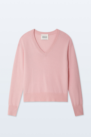 White + Warren Cashmere V Neck Sweater in Rose Petal pink featuring a relaxed fit, flattering V-neckline, long sleeves, and classic ribbed trim.