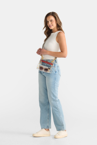 Hammitt Tony Small Clear Crossbody in Pew/Brushed Gold Red Zip featuring clear TPU construction, brushed gold hardware, and a red zipper accent.