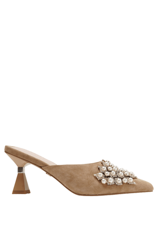 Cecelia New York Joice Pearl Heel in Sand with suede pointed toe, pearl and crystal embellishments, open mule back, and sculptural heel.