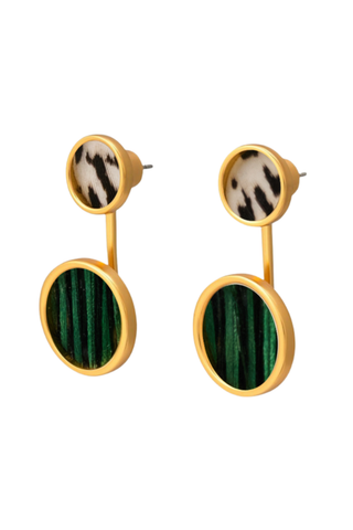 Brackish Talia Bezel Jacket Earrings featuring green circular accents, patterned upper details, and polished gold-tone settings.