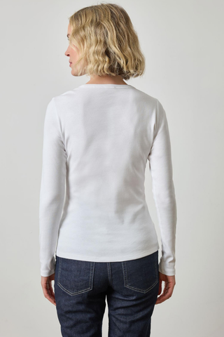 Lilla P Long Sleeve Crew in White featuring a fitted ribbed silhouette, long sleeves, and classic crew neckline.