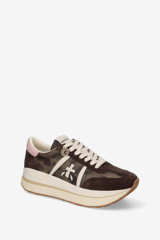 Premiata Beth Coin 8500 Sneaker in chocolate brown with blush accents, signature logo detailing, lace-up closure, and chunky platform sole.
