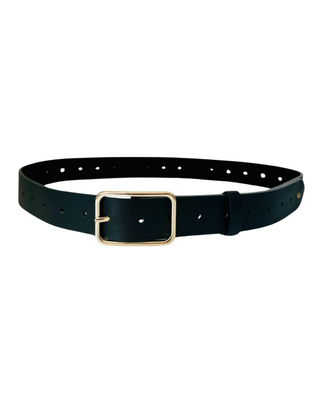 A black leather belt with a gold-tone metal buckle, shown on a plain white background.