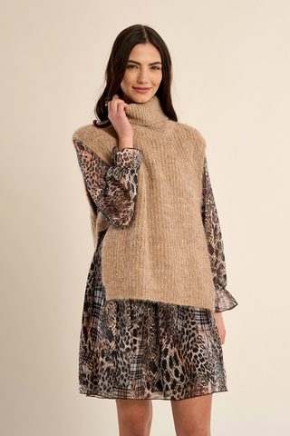 Molly Bracken Knitted Sleeveless Sweater in beige with a relaxed fit, round neckline, and textured knit finish.