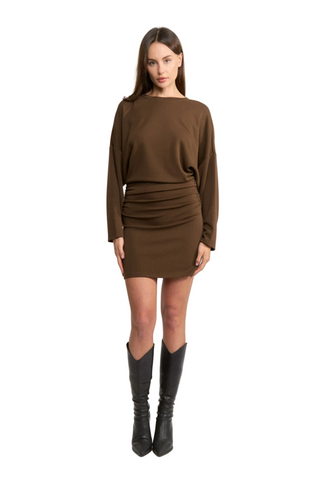 En Saison Jane Mini Dress in Brown featuring a long-sleeve jersey knit bodice, cinched waist, and fitted mini skirt.