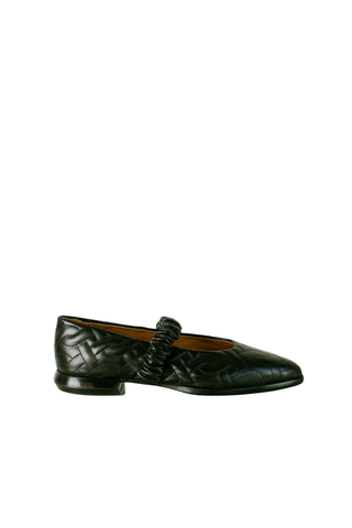 Homers Caty Ballet Flat in Black, a pointed toe black ballet flat with a Mary Jane strap and metallic buckle detail.