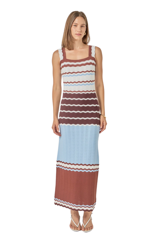 English Factory Crochet Sleeveless Midi Dress in Brown Multi featuring a colorful crochet knit and midi silhouette.