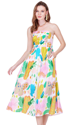 Strapless midi dress with colorful garden print, gathered skirt, and structured bodice