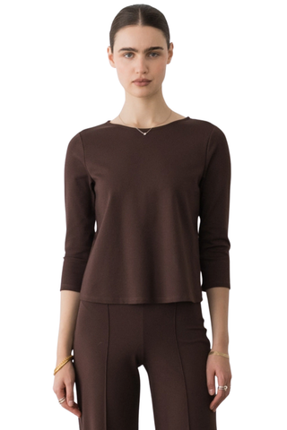 Ripley Rader 3/4 Sleeve Top in Chocolate featuring a rich brown ponte knit, square-cut silhouette, and three-quarter sleeves.