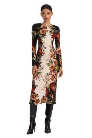 Alice + Olivia Delora Midi Dress in Floral Radiance featuring a multicolor floral print, long sleeves, and fitted midi silhouette.