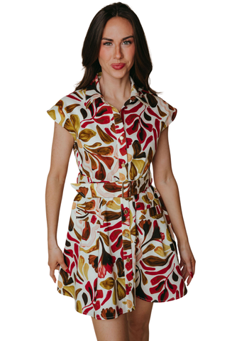 LaRoque Collette Dress in Fall Pallet featuring a multicolor autumn print, collared neckline, cap sleeves, belted waist, and flared mini skirt.
