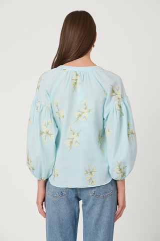 Light blue blouse with floral patterns worn by a person on a plain background