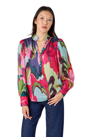 Crosby Leland Blouse in Life Of The Party featuring a colorful abstract print, collared neckline, button front, and long sleeves.