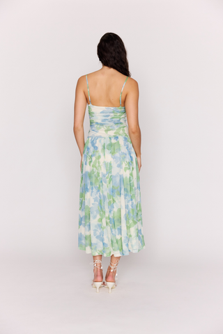 Blue and green watercolor floral midi dress with mesh overlay and fitted bodice