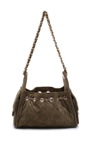 Urban Expressions Royalty Shoulder Bag in Olive featuring quilted faux suede, gold-tone hardware, woven shoulder strap, and drawstring closure.