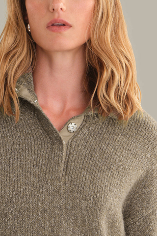 525 America Boxy Henley Sweater in Mushroom Melange with long sleeves, partial snap-front neckline, stand collar, and relaxed boxy fit.