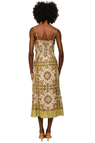 Love the Label Blaire Midi Dress in Kaleidoscope Scarf Print featuring an ornate neutral print, square neckline, and slender straps.