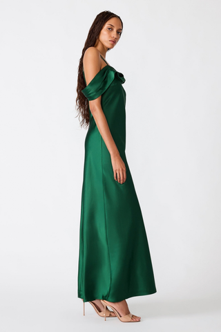 Steve Madden Analeia Dress in Winter Pine green featuring an asymmetrical off-the-shoulder neckline and floor-length fitted silhouette.