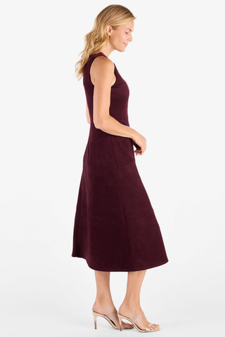 Jude Connally Blake Faux Suede Dress in Merlot featuring a sleeveless fit-and-flare midi silhouette with contrast stitching.
