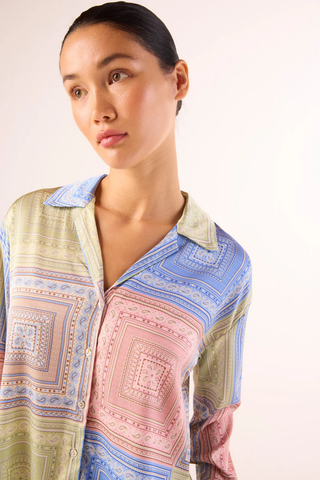 Misa Isme Top in pastel tile print with long sleeves and button front detail