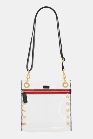 Hammitt Tony Med Clear Bag featuring a transparent rectangular body, black trim, adjustable strap, and polished hardware.