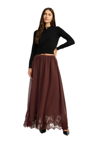 Brown Crawford Maxi Skirt with flowing lace fabrication and scalloped hem.