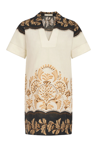 Marie Oliver Dede Dress in Fleuron with polo collar, tailored silhouette, and Mediterranean tile-inspired placement print in cream, tan, and black