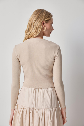 Lilla P bamboo ribbed cardigan with button front and long sleeves styled over dress