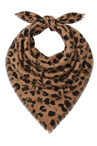 Kerri Rosenthal Cashmere Cheetah Bandana in Multi featuring a brown and black cheetah print on featherweight cashmere with fringe edging.