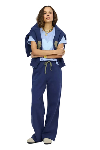 Kerri Rosenthal Ex-Boyfriend Sweatshirt in indigo blue featuring contrast heart elbow patches and a relaxed cotton fleece silhouette.