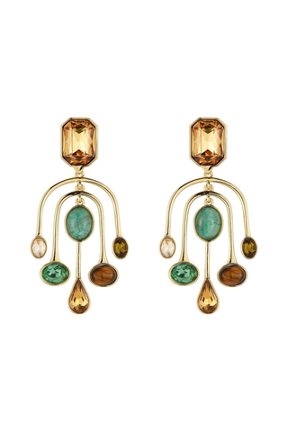 Mignonne Gavigan Vista Earrings in Gold Multi featuring green agate and brown tiger's eye stones in a cascading gold-tone silhouette.