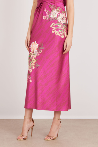 SALONI Gwen Dress in Aster Bouquet featuring a vibrant pink ground, floral detailing, sleeveless bodice, and elegant midi-length skirt.