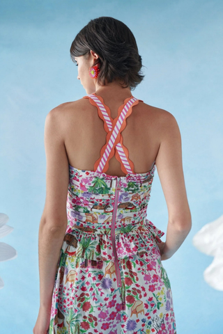 Celia B Kei Dress Multi colorful tropical print midi dress with ruched bodice Monkee's of the West End