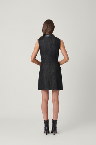 Shoshanna Jennings Dress in Jet featuring black mixed-media denim and faux leather, a collared neckline, button front, and patch pockets.