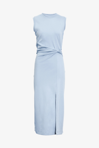 Sleeveless Cody Dress powder blue fitted midi dress with twist waist and front slit from Tanya Taylor