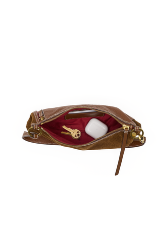 Hammitt Kyle Handbag in Cinnamon Suede with antique gold hardware and brown leather trim, featuring convertible wristlet, shoulder, and crossbody styling.