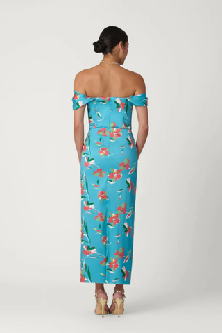 Shoshanna Calder dress in sea blue multi with off the shoulder neckline and floral print
