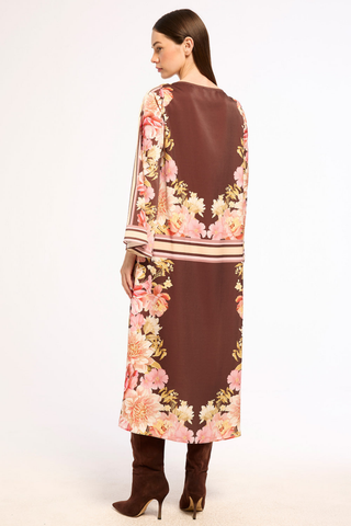 Misa Casey Dress in In Full Bloom, a chocolate brown floral satin midi dress with long flared sleeves, contrast trim, and a removable tie belt.