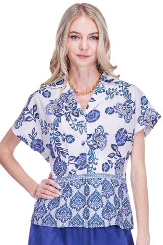 Waist Pleated Blouse, Indigo Trellis