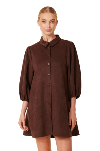 Faux Suede Puff Sleeve Dress, Coffee