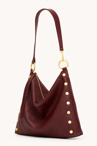 Hammitt Kyle Lrg Handbag in Cherrywood Pebble featuring deep oxblood pebbled leather, gold-tone rivets, and a slouchy hobo silhouette.